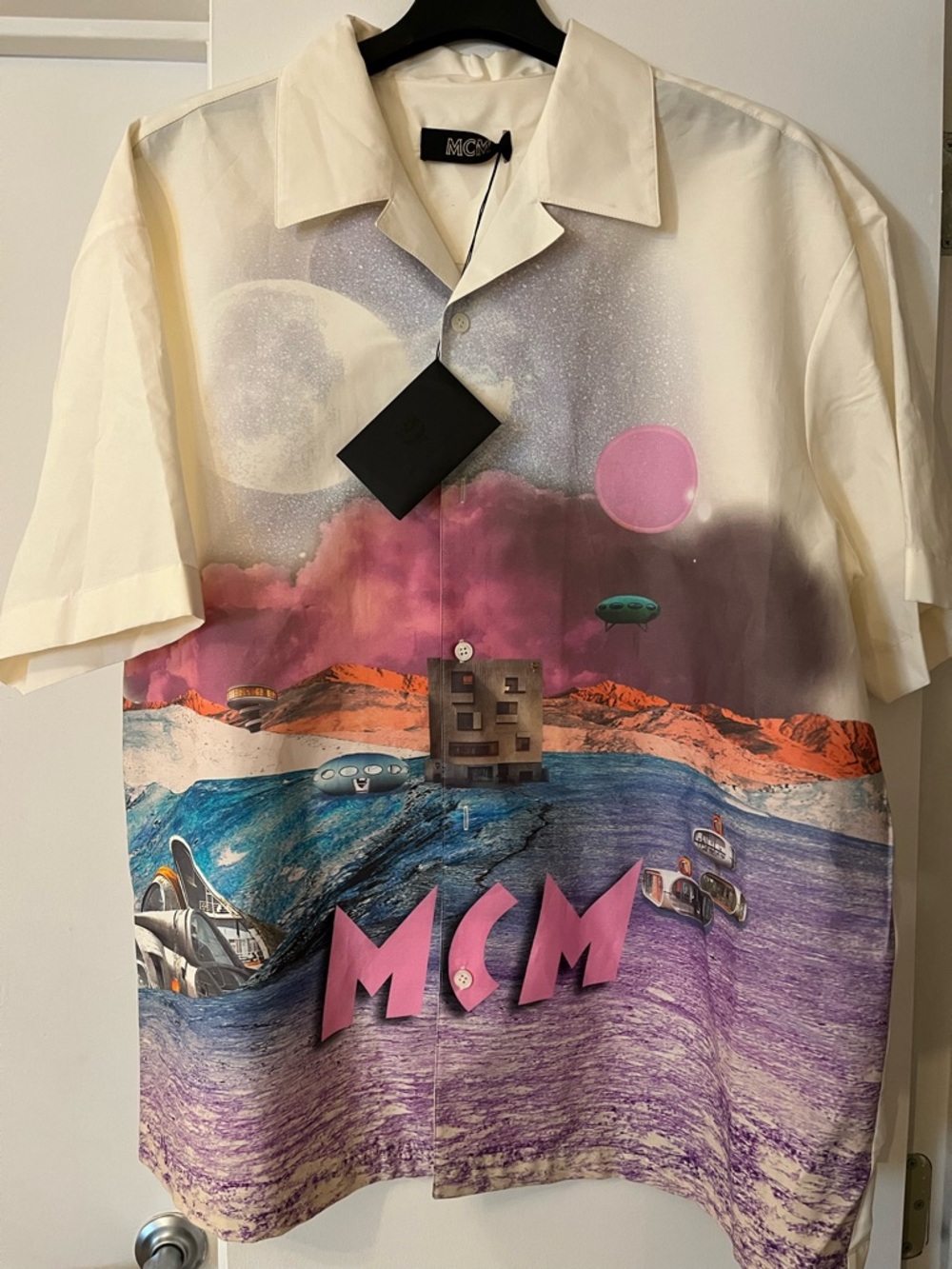 MCM Cream Short-Sleeve Button Shirt with Multicolor Graphic